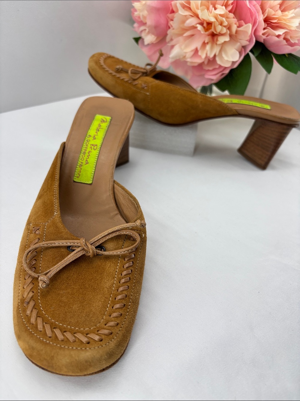 Materia Prima Womens 37–US 6.5/7 Cognac Suede Knotted Mule Heels #748
